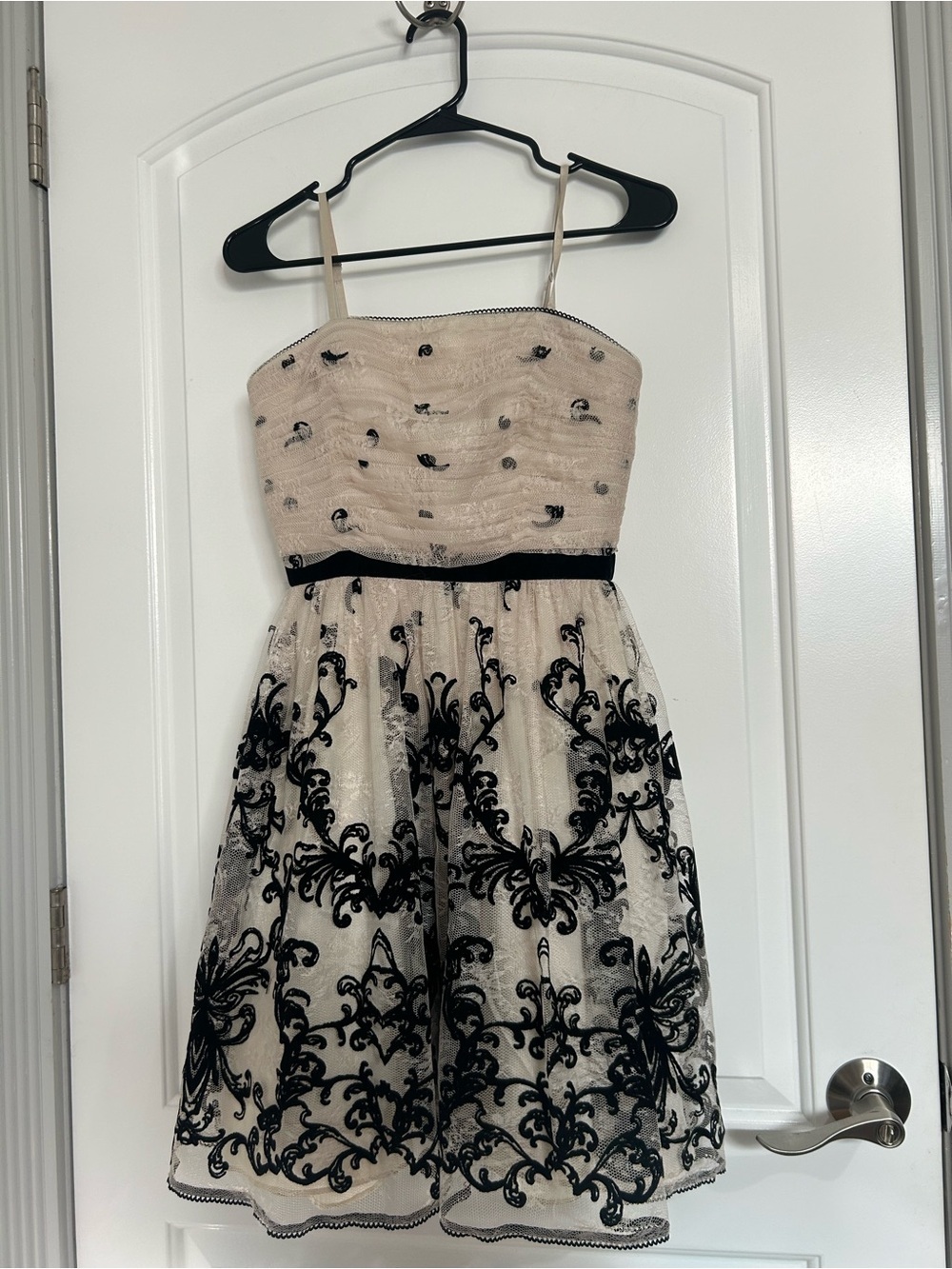 Adrianna Papell Embroidered Cream Lace Puff Mini Dress size 2 coquette tweed 90s